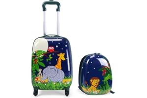GOPLUS Valise Enfant Fille Garçon à roulettes, Valise Enfant 16” ＆Sac à Dos 12”, Hauteur de Poignée Réglable, Motifs Mignons et Divers, Espace Suffisant, Surface Etanche (Zoo)