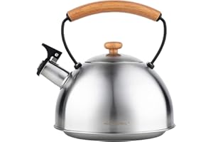 Florina Wooden Wasserkessel Induktion, Flötenkessel, Alle Herdarten, 2,3 L, Edelstahl Teekessel, Holzgriff, Cool-Touch-Griff, für Tee Kaffee, GlasKeramikherd, Gas, Elektroherd, Farbe Edelstahl