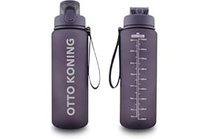 Otto Koning Gourde Sport 1L - Bouteille Eau Sans BPA, Gourde Adulte Femme Homme, Plastique Haute Qualité, Hermétique, Grande Bouteille Randonnée, Ouverture Bouton, Courroie, Nettoyage Facile