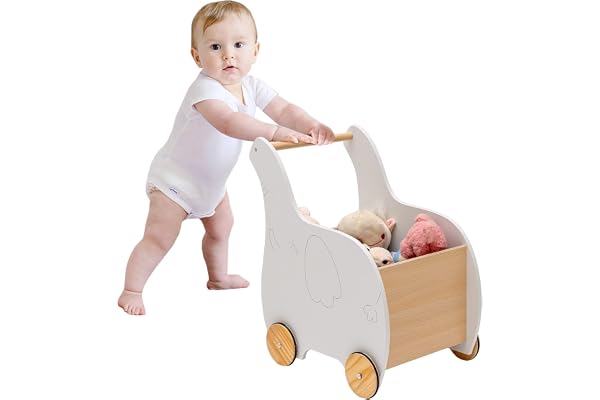 COSTWAY 2 en 1 Chariot de Marche Enfant en Forme d’éléphant avec Espace de Stockage, Trotteur Bébé en Bois avec 4 Roues en Caoutchouc, Jouet Educatif pour Bébé de 1 An+, Charge 8kg, 48x32x56cm