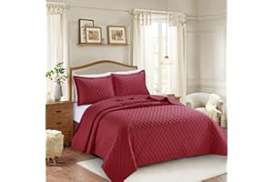 GENERIC BQC Luxury Quilted Bedspread Bed Throw Comforter Embossed Pattern Machine Washable 3 Pcs Inspiration Bedding with 2 Pillow Cases (Super King, Red)