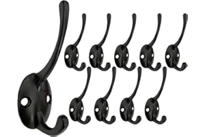 Beilala Coat Hooks Wall Mounted, 10 Pack Black Retro Wall Hooks Double Prong Metal for Hanging Coat, Clothes, Robe, Towel, Hat, Bag, Key