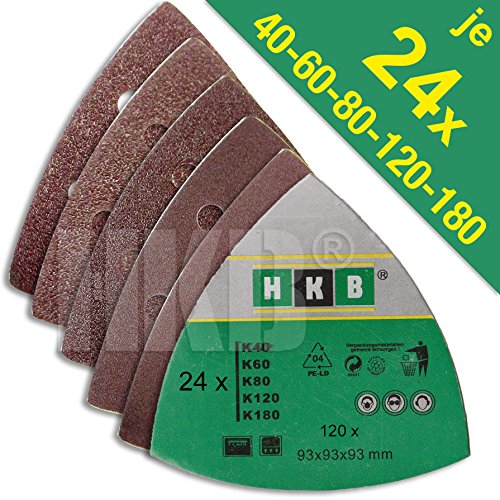 120 Stück HKB ® Schleifdreiecke, 93x93x93mm mit Klett-Verbindung, 6-Loch für Delta-Schleifer, je 24 Stück Korn 40,60,80,120,180, Schleifmittel Korund, Hochwerige Profi-Qualität für verschiedene Oberflächen, feiner und riefenfreier Schliff, für detailgenaues Schleifen in Ecken und an Kanten, universell einsetzbar, Artikel-Nr. 20271