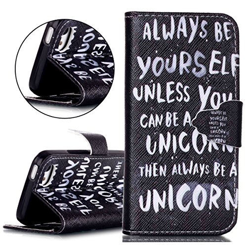 iPhone 5C Case,ISAKEN iPhone 5C Wallet Case,iPhone 5C Cover,Luxury Elegant Printing Drawing Design Pattern PU Leather Magnetic Flip Wallet Case Credit Card Slot Magnetic Flip Protective Stand Case Cover for Apple iPhone 5C - Black Pattern Always be Yourself