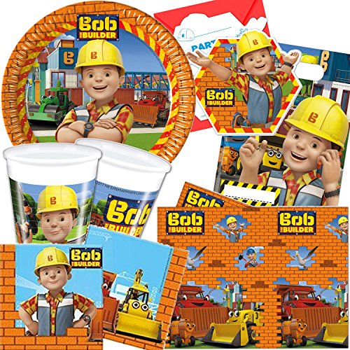 101-teiliges * BOB DER BAUMEISTER * Party Set für Kindergeburtstag mit 6-8 Kinder: Teller, Becher, Servietten, Einladungen, Partytüten, Tischdecke, Luftballons, Luftschlangen u.v.m. // Motto Deko Kinder Geburtstag Baustelle Bauarbeiter