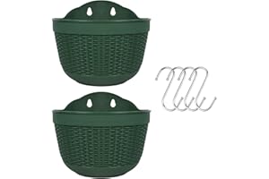 BULZEU Set of 2 Hanging Planters Outdoor Hanging Basket Plastic Flower Pot Plant Holder Hanger for Balcony Fence Wall Mounted Planters Hanging Fence Planters with Drainage and 4 Hooks