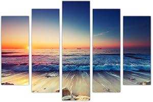 AREDE Set di 5 Stampe da Parete Quadri Moderni Decorazioni da Muro per Casa Soggiorno Camera da Letto e Cucina Tramonto sulla spiaggia| 120 x 80 cm | Pronto da appendere