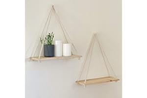 Honseadek Étagère murale en bois rustique avec corde - Présentoir mural d'intérieur, organisateur de rangement, étagères flottantes avec corde pour salon, chambre, chambre d'enfant - En pin naturel