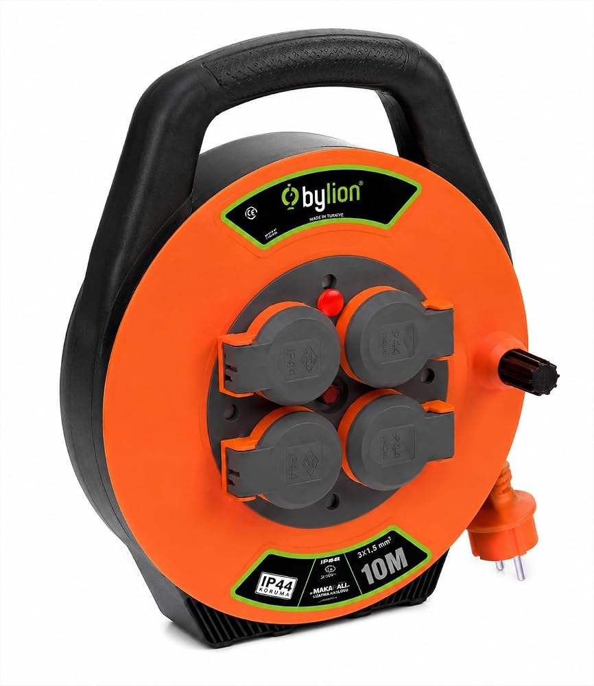 Makaralı Uzatma Kablosu, 4 Prizli, IP44, Dış Mekan Uzatma Kablosu, Termal Koruma, Güç Gösterge Işığı, 16A, 250V, Bahçe, Atölye, Şantiye Ev Kullanımı, Profesyonel Kalite (3x1,5 mm²/10 m) (Kapaklı)
