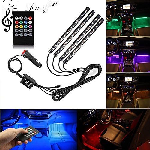 Car LED Strip Light, YougIka 4pcs 48 LED DC 12V Multicolor Music Car Interior Light LED Under Dash Lighting Kit with Sound Active Function and Wireless Remote Control, Car Charger Included