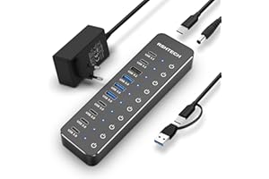 Hub USB Alimentado, RSHTECH 10 Puertos Hub USB 3.2/USB C con 3X 10Gbps Data Port (2C+1A), 7X 5Gbps 3.0 Ports (4C+3A), Alimentación 12V/5A 60W, Interruptores Individuales USB HUB, RSH-ST10C-6