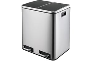 LIFERUN Mülleimer 2 Fächer, 2 x 15 Liter Abfalleimer Küche aus Metall, Softclose Deckel, Inneneimer Abnehmbar, Griffe, Doppelfach Treteimer, für Single-Wohnung, kleine Familie