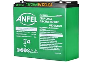 ANFEL Batteria 12V 22Ah CICLICA sigillata VRLA Ricaricabile AGM Deep Cycle Senza manutezione Solare Camper Barca Nautica UPS Sicurezza Veicoli Elettrici eBike Scooter Impianti fotovoltaici SCARICA LENTA
