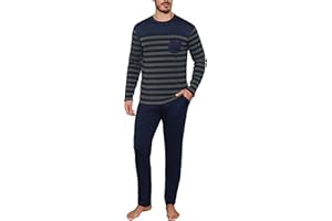 Aseniza Pyjama Homme Hiver Ensembles de Pyjama Coton à Chauds Manches Longues Col Rond Rayé Vêtements De Nuit Tenues de Nuit Vêtements de Détente Doux Loungewear Confortable