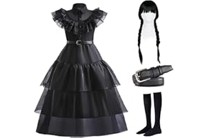 NAKUL Wednesday Costume Black Dress Costume for Girls - 4Pack Cosplay Fancy Dress Princess Dress Outfits with Wig Socks Mesh Flare Dress Up Teenager Tutu Dress