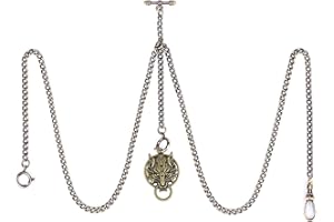 SIBOSUN Herren Doppel Albert Doppelkette Taschenuhr Panzer Link Schlüsselanhänger 3 Haken mit Antik Direwolf Wolf Anhänger Fob T Bar Uhrenkette