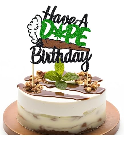 Happy Birthday Cake Topper - Black Glitter Weed Leaf Decoration For Adult Birthday Party Decor