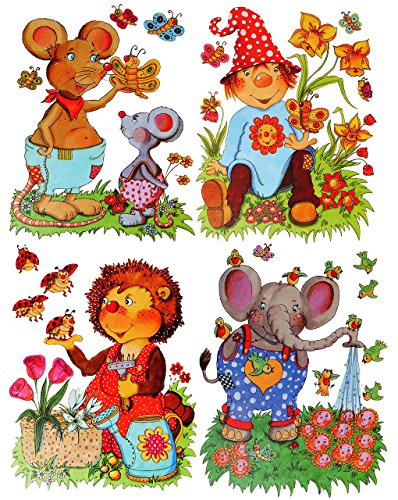 Fensterbild - Tiere - nostalgisch - Igel - Maus - Elefant - statisch haftend - Sticker Fenstersticker / z.B. für Fenster und Spiegel - Aufkleber selbstklebend wiederverwendbar - Fensterfolie Fensterdeko