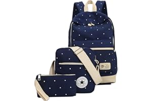 KEDI Fashion Dot Pattern Canvas Rucksack Teenage Girls School Bag 14.6 inch Laptop Backpack + Messenger Bag + Purse (Navy Blue)
