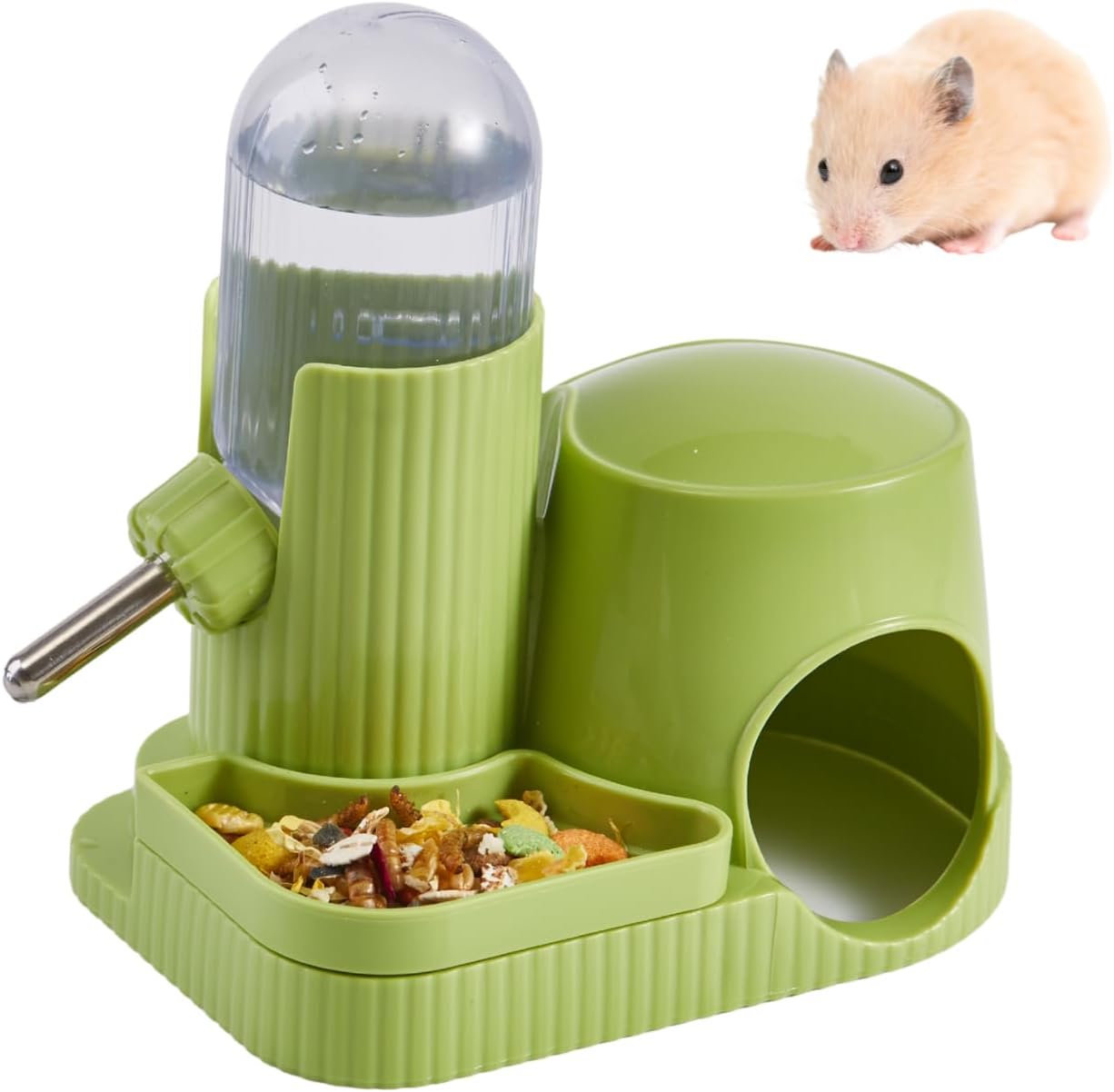 Bebedero 3en1 para Hámster Dispensador Automático Antifugas con Comedero y Base Escondite para Gerbil Rata Hámster Enano Ratón (Verde, 100ml)