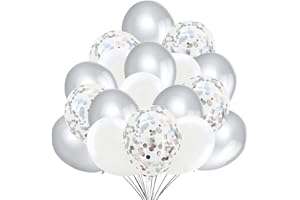 JONAMI Decoration Nouvel An 2026 – 50 Ballons Argent Blanc Confettis. 40 Ballons de Baudruche Argent et Blanc +10 Ballons Latex Transparent avec Confettis d'Or pour Deco Anniversaire, Fête Mariage