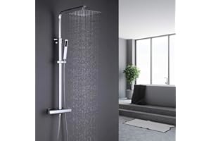 ONECE Columna de Ducha, con Grifo Termostática 40℃, Sistema de Ducha Barra Altura Ajustable 818-1214mm, Conjunto de Ducha con 10'' Ducha de Lluvia Ultradelgado Acero Inoxidable, Ducha de Mano de Latón