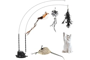 Romon Jouet Chat, Noir 7 Pièces Jouets pour Chats Interactif, Interieur Jeu à Plumes avec Ventouse, 2 Canne à Pêche, 1 Oiseaux à Clochettes pour Chaton, Cat Toys Accessoire Intelligence Chat Baguette
