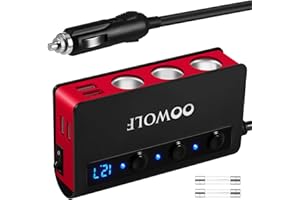 OOWOLF Quick Charge 3.0 Car Adapter, 180W Cigarette Lighter Adapter 12V/24V Cigarette Lighter Splitter 4USB Ports 3-Socket Car Splitter 6.6A LED Voltmeter Car Charger