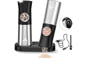 Electric Salt and Pepper Grinder Set, ABLEGRID Gravity Rechargeable Automatic Salt & Pepper Mill Grinders Refillable, Coarseness Adjustable, with Charging Base, LED Light, Dust Cap, 2 Pack