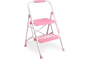 BONTEC 2-stopniowa drabina, nośność 150 kg, szerokie stopnie antypoślizgowe, składany stalowy stołek, uchwyt z gąbki, lekka i przenośna, idealna do użytku w domu i na zewnątrz, różowa