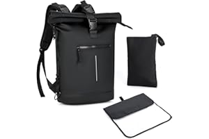 Lekeinchi 17-Inch Waterproof Roll Top Backpack - Lightweight Laptop Travel Backpack with Baby Diaper Bag for Men and Women, Travel, Business, Work, Camping, Hiking, Cycling (Black)