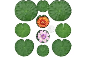 skytowards 8 Stück Seerosenblätter Künstlich Lotusblätter Seerose Pads Schaumstoff Schwimmende Teichpflanzen mit 2 Stück Lotusblüte Wasserlilie Blätter mit Angelschnur für Aquarium Garten Pool