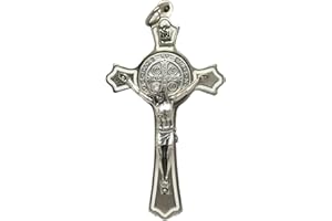 GTBITALY 10.024.11 croce di san benedetto 8 cm sagomata argento con smalto riga bianco con anello saint benedict esorcismo