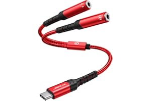 JSAUX USB C Klinke Kopfhörer Splitter Aux Adapter [28CM] USB C auf Dual 3.5mm Klinke Splitter Audio Y Kabel kompatibel mit iPhone 16/15 Pro Max Plus, Huawei P40, Galaxy S24 S23 S22 Ultra, Pixel-Rot