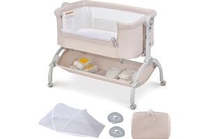 COSTWAY 3-i-1 sidosäng med mosktionnät, resesäng baby med madrass, babysäng, 7 fack, justerbar höjd med bärväska, förvaringsk