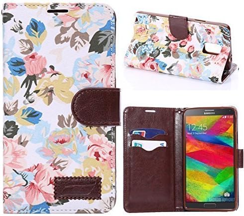 J41S Vintage Jacquard Leather White Flower Flip TPU Leather Wallet Stand Case for Samsung Galaxy Note 4