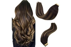 GOO GOO Extension Capelli Veri Biadesivo, 20pcs 50g 35cm Balayage Castano Scuro Misto Castano Extension Capelli, Reale Naturale Estensione dei Capelli Umani, Remy Liscia Estensione dei Capelli Umani