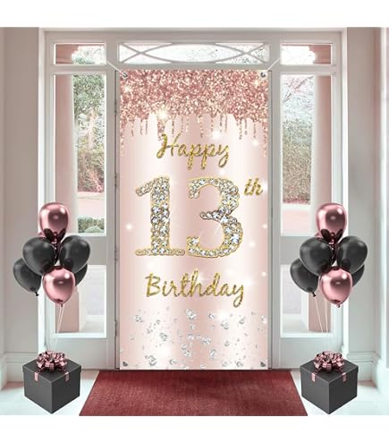 Sfondo Per Festa 13° Compleanno Ragazze – Rosa Glitterato, 150x90 Cm, In Vinile, Con Occhielli, Striscione Decorativo - 4