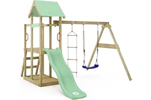 WICKEY Aire de Jeux TinyPlace portique en Bois avec balançoire et Toboggan, Tour d'escalade pour Enfants avec bac à Sable, échelle et Accessoires de Jeu pour Le Jardin. (Vert Pastel)