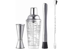 ASIFMTHOT 4-teiliges Cocktail-Shaker-Set, Martini-Glas, 400 ml, mit doppeltem Messbecher (30 ml und 60 ml), Cocktail-Stößel und Rührlöffel, Bar-Werkzeug, Barkeeper-Set für Cocktails, Mojitos, EIS, Obst,
