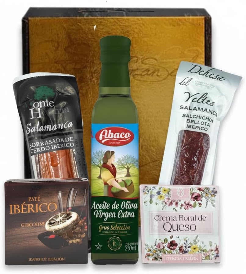 Cesta Gourmet para Regalar S | Perfecta como Cesta Regalo de Día del Padre | Incluye 1 Aceite de Oliva Virgen Extra + 1 Salchichón y 1 Sobrasada Ibérica + Crema Floral de Queso + Paté al PX con pasas