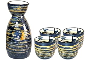 OLD CRAFTSMEN'S Set di tazze da sake giapponesi con design tradizionale dipinto a mano, in porcellana, in ceramica, tazze in ceramica, artigianato, bicchieri da vino, 5 pezzi (blu saggio)