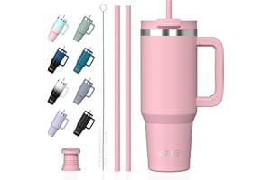 Watersy Gourde Isotherme Inoxydable 1,2 L avec 2 Pailles, Gobelet à Café anti-Fuite, Isotherme Sous vide avec Couvercle à vis sans BPA, Gourde Rafraîchissante Pendant 12 Heures, Rose Clair