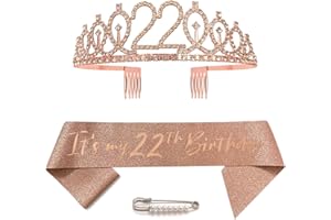 CEQINY 22. Geburtstag Schärpe Und Tiara, Krone 22 Roségold Kristall Geburtstagkrone Set,Rose Gold Geburtstagskrone Schärpe Deko Birthday Crown für Mädchen Frauen Birthday Party Accessoires
