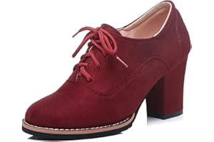 UMore Otoño Mujer Tacones Altos Vintage Gamuza con Cordones Zapatos de Negocios Elegantes Bombas de Punta Redonda Color sólido Oficina Carrera Zapatos Oxford