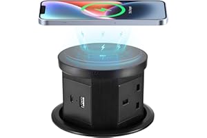 Wawofun Pop up Socket, Pop up Sockets for Kitchen Worktops Automatic Pop up Power Outlet with 15W Wireless Charger PD 20W Type C Port, Smart Plug 3 Way Extension Outlets 4.33'' Hole