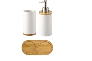 WANKD 2 Teile Badezimmer Set Badezimmer Zubehör Set Keramik,und Bambus Badezimmer Accessoires Set,Zahnbürstenhalter, Seifenspender, Bambus Fach,Zahnputzbecher,Seifenspender mit Pumpe(400ML)