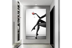 MHLCMG Affiche Noir Blanc Sexy Femmes Verres à vin Rouge Toile Tableau Art Peintures sans Cadre Decoration Murale pour Salon Chambre Tableau Decoration (50X80CM)