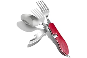 ZIMAIC Cubiertos de camping plegables, acero inoxidable, cubiertos para camping, 4 en 1, abridor de botellas, cuchillo, tenedor, cuchara, juego de color rojo
