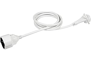 Meister 7432270 Rallonge de Contact de Protection – Fiche Extra Plate – Câble de 2 m – Blanc – Intérieur IP20 – Coupleur avec Protection Contre Les Contacts – Rallonge Schuko avec fiche Plate/Câble